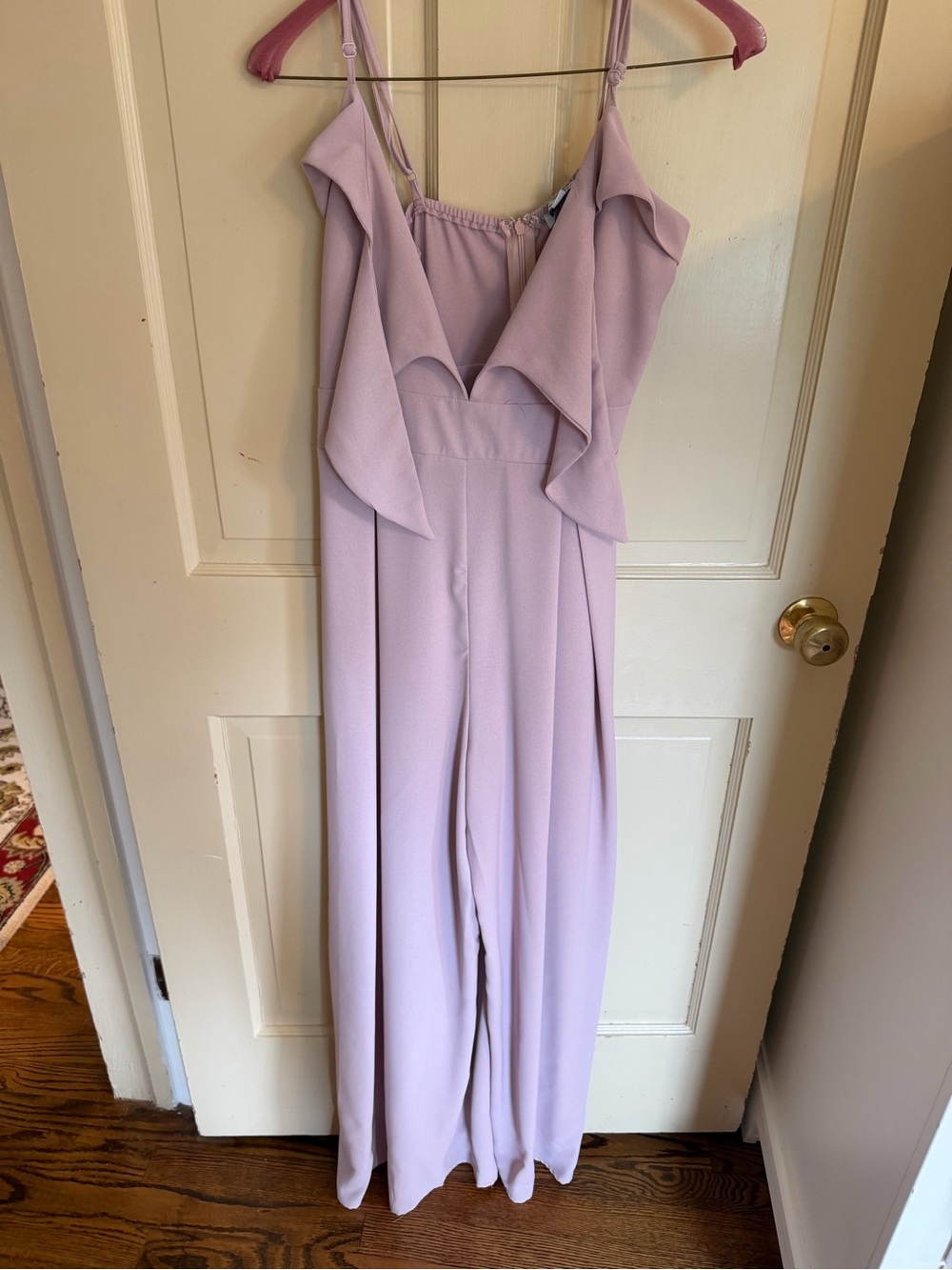 She and Sky Lavender Ruffle V-Neck Wide-Leg Jumpsuit